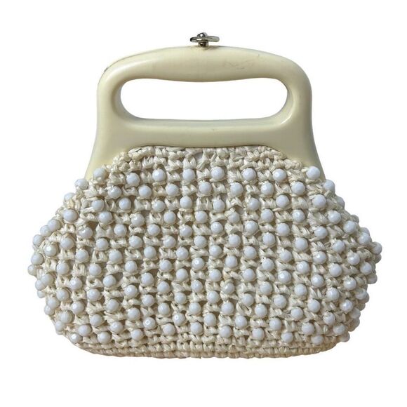 Gaymode VTG purse made in Italy celluloid handle raffia beaded 8” x 8” cream - Picture 1 of 8